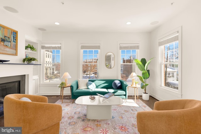 living room with built in shelves and hardwood / wood-style flooring