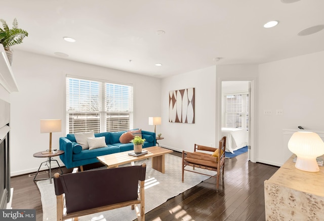 living room with dark hardwood / wood-style floors