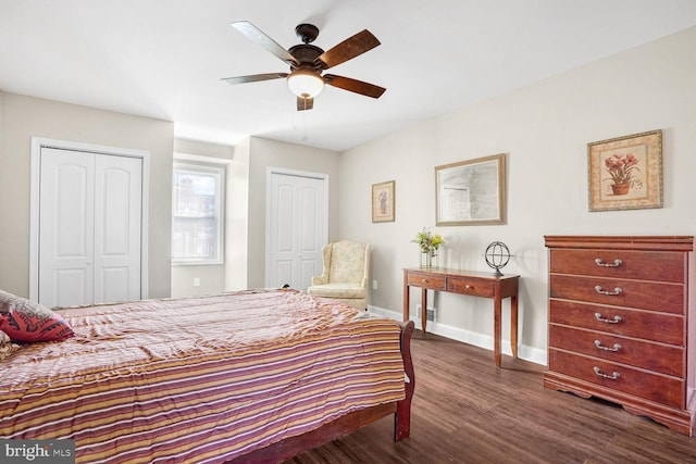 bedroom featuring ceiling fan and dark hardwood / wood-style flooring