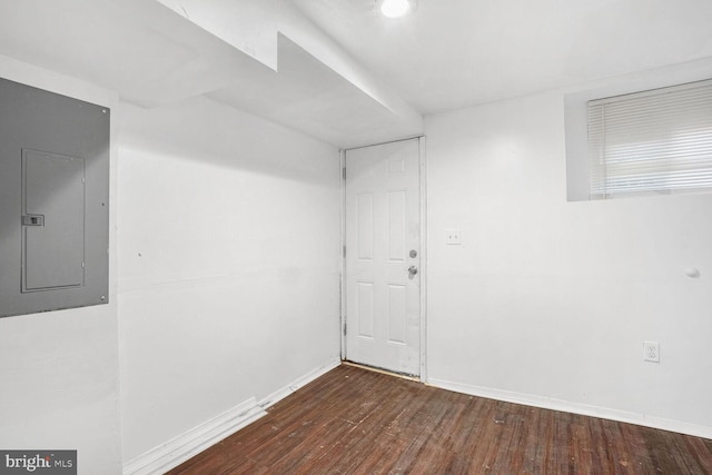 unfurnished room featuring electric panel and dark hardwood / wood-style flooring