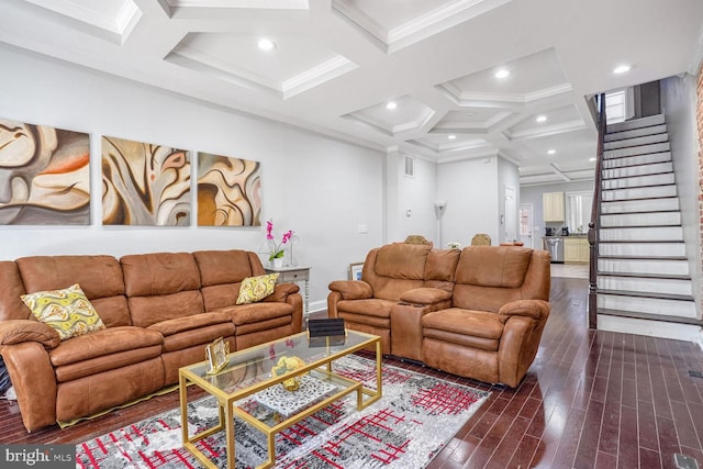 living room featuring crown molding, coffered ceiling, beamed ceiling, and dark hardwood / wood-style flooring