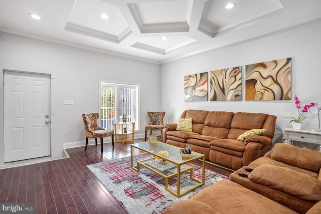 living room featuring dark wood-type flooring, coffered ceiling, ornamental molding, and beamed ceiling