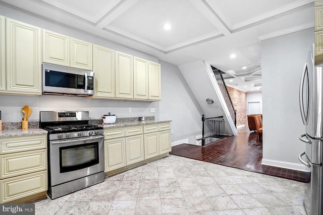 kitchen featuring light hardwood / wood-style floors, beam ceiling, stainless steel appliances, and coffered ceiling