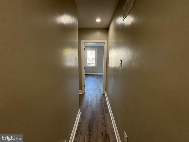 hallway featuring dark wood-type flooring