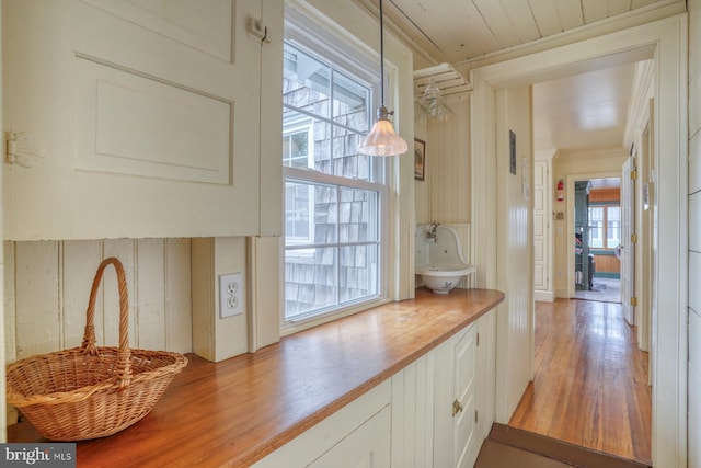 kitchen with wood counters, hanging light fixtures, light wood-type flooring, and a wealth of natural light