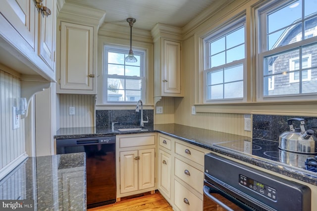 kitchen featuring light hardwood / wood-style flooring, black appliances, a wealth of natural light, and hanging light fixtures