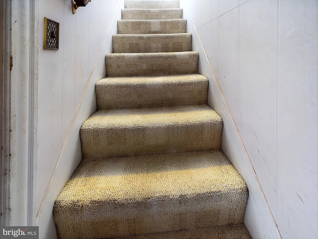 stairway with wooden walls