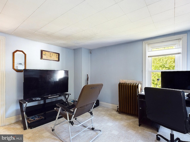 carpeted home office with radiator