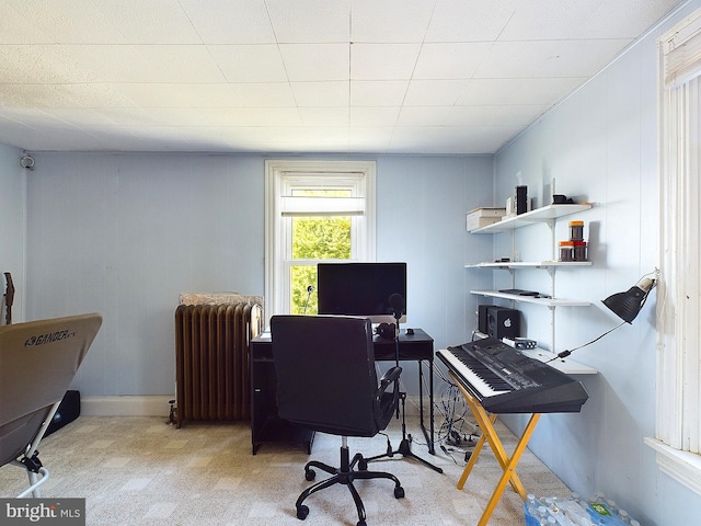 office featuring light colored carpet and radiator