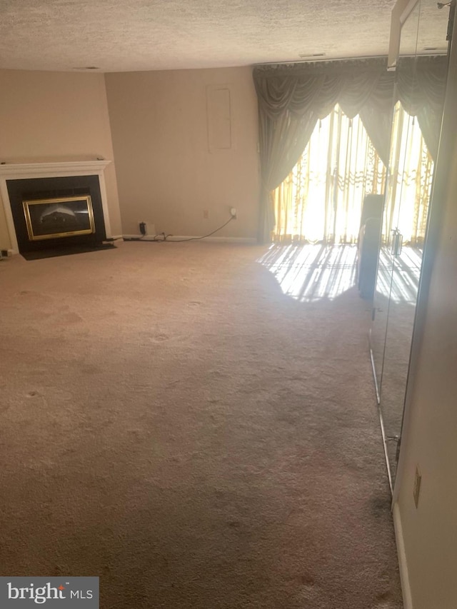 unfurnished living room with carpet and a textured ceiling