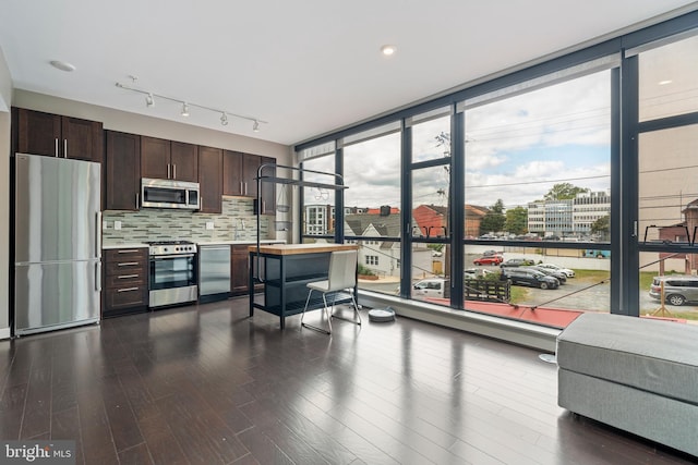 kitchen with appliances with stainless steel finishes, dark hardwood / wood-style floors, tasteful backsplash, and dark brown cabinetry