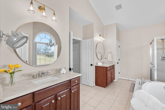 full bath featuring visible vents, two vanities, a stall shower, a sink, and tile patterned flooring