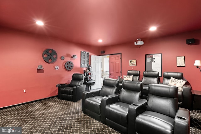 home theater room featuring recessed lighting, baseboards, and carpet floors