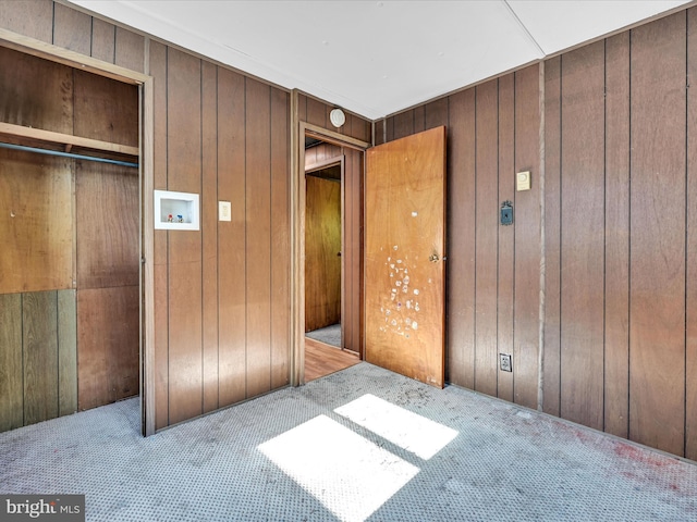 interior space featuring a closet, wooden walls, and carpet