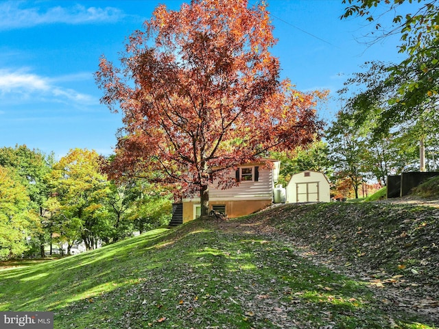 view of yard featuring a shed