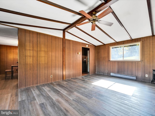 empty room with wooden walls, a baseboard radiator, vaulted ceiling with beams, and dark hardwood / wood-style floors