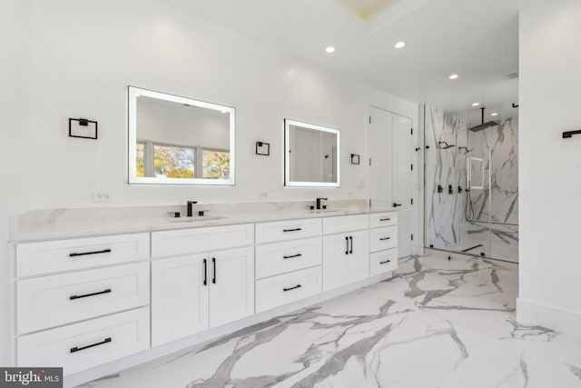 4609 Willow Run Dr, Annandale, VA 22003 - bathroom with recessed lighting, a marble finish shower, double vanity, and marble finish flooring