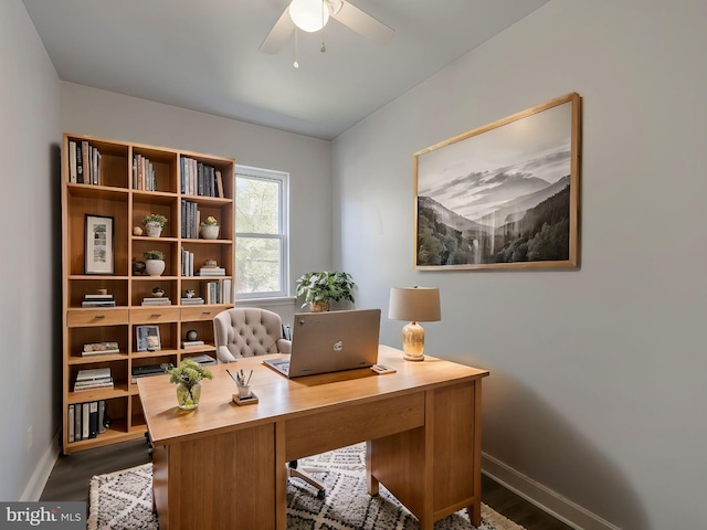 home office featuring hardwood / wood-style flooring and ceiling fan