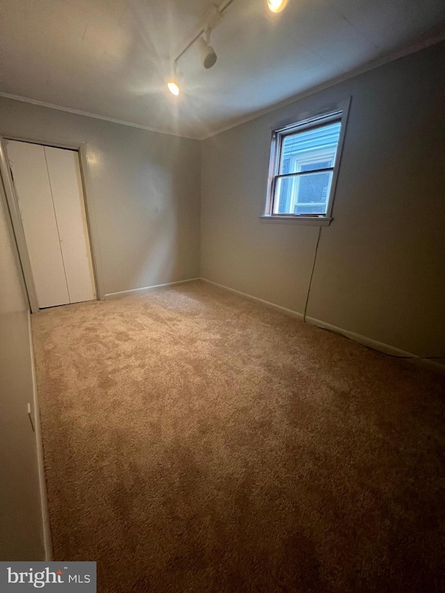 spare room featuring ornamental molding, track lighting, and carpet flooring