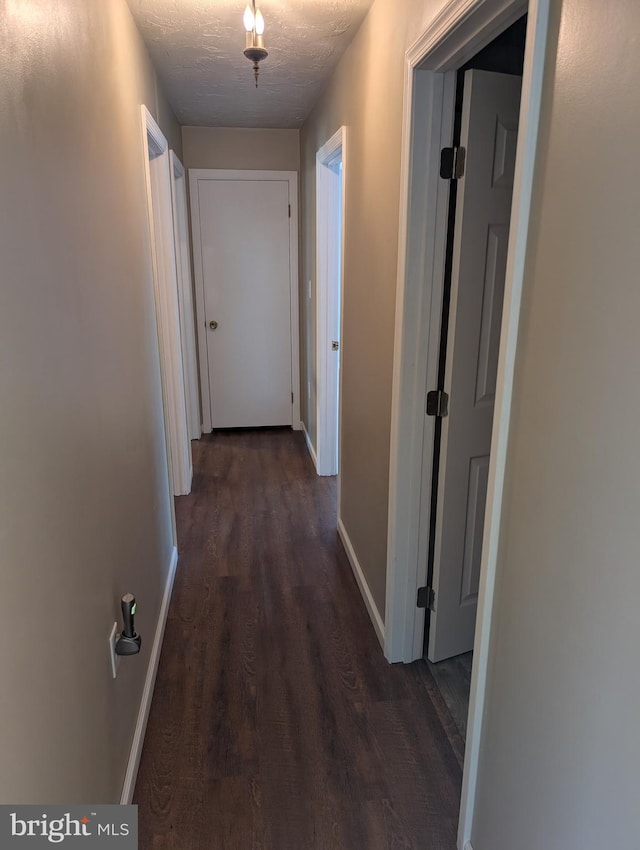 hall featuring dark hardwood / wood-style flooring and a textured ceiling