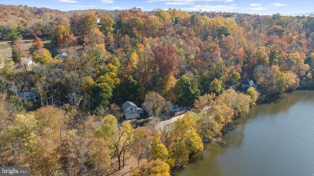 drone / aerial view featuring a water view