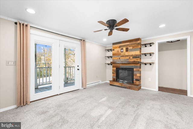 unfurnished living room with a stone fireplace, ornamental molding, and a baseboard radiator