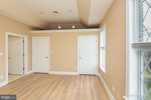 unfurnished bedroom featuring multiple windows, a tray ceiling, and light hardwood / wood-style flooring