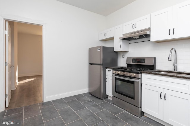 kitchen with white cabinets, backsplash, appliances with stainless steel finishes, dark hardwood / wood-style floors, and sink