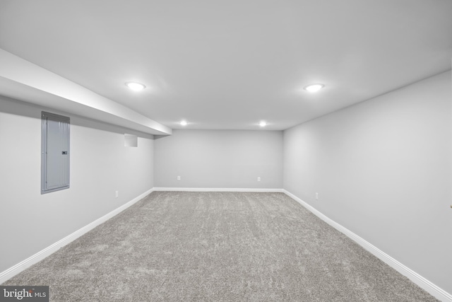 basement featuring electric panel and carpet