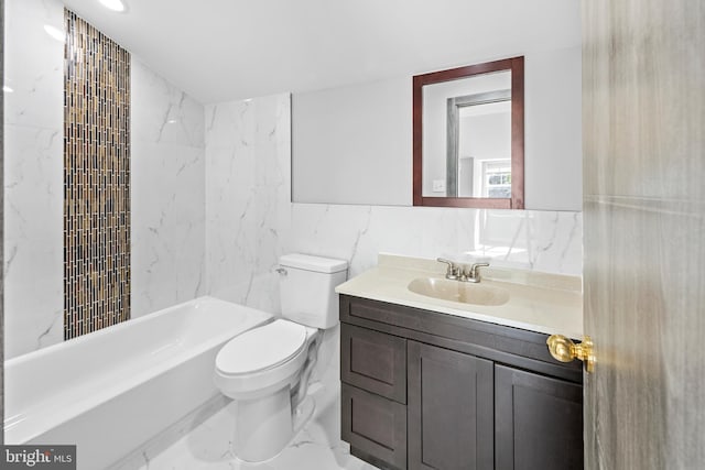 full bathroom featuring tile walls, vanity, tiled shower / bath combo, and toilet