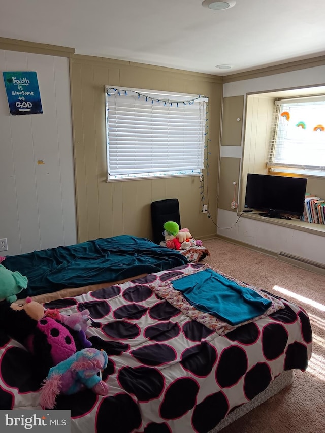 bedroom with crown molding, a baseboard heating unit, and carpet floors