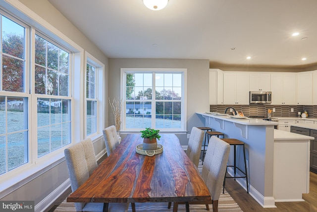 dining area with dark hardwood / wood-style flooring