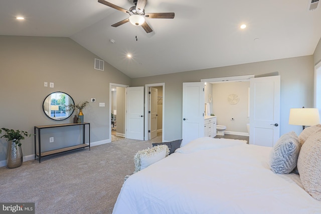 carpeted bedroom featuring connected bathroom, high vaulted ceiling, and ceiling fan