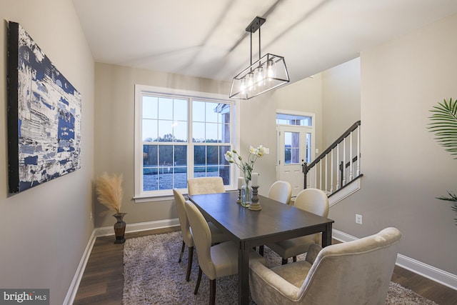 dining area with a water view and dark hardwood / wood-style floors