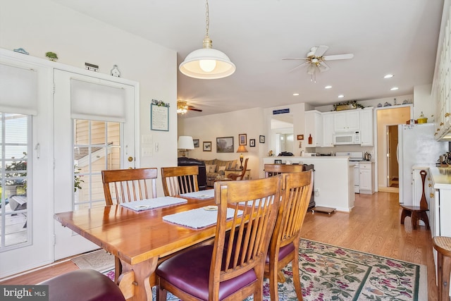29748 Lyons Dr, Easton, MD 21601 - dining area featuring light wood-style flooring, a ceiling fan, and recessed lighting