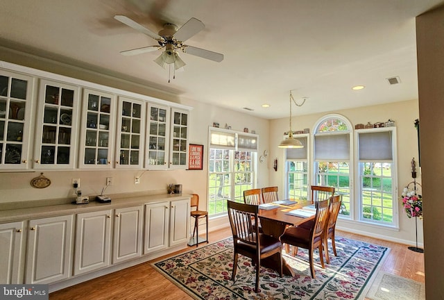 dining room featuring light hardwood / wood-style floors, a wealth of natural light, and ceiling fan