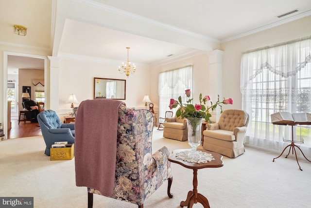 29748 Lyons Dr, Easton, MD 21601 - living room featuring crown molding, carpet, a notable chandelier, and visible vents