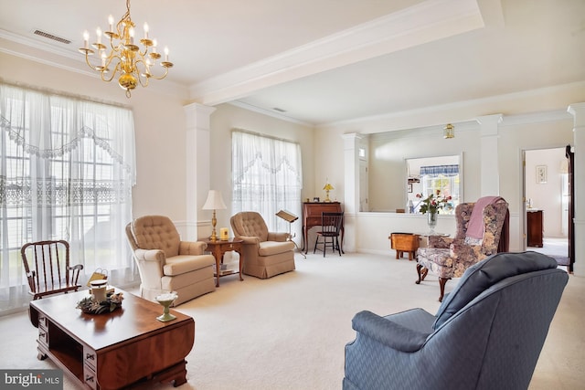 29748 Lyons Dr, Easton, MD 21601 - living area featuring ornamental molding, visible vents, and decorative columns