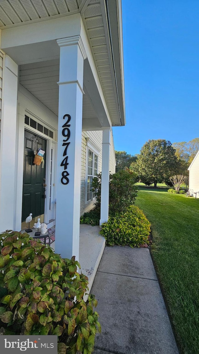 doorway to property featuring a porch and a yard