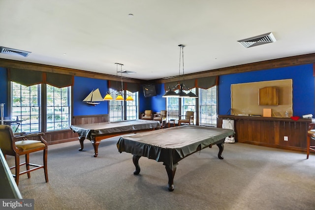 rec room featuring pool table, a healthy amount of sunlight, and light colored carpet