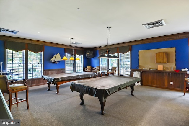 29748 Lyons Dr, Easton, MD 21601 - game room featuring billiards, carpet, a wainscoted wall, and visible vents