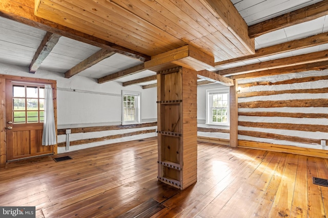 bonus room featuring wood ceiling, wood-type flooring, and beam ceiling