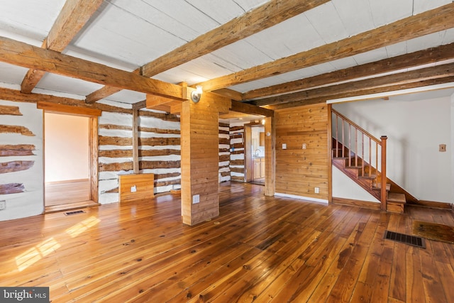 unfurnished living room featuring beam ceiling, wooden walls, and wood-type flooring