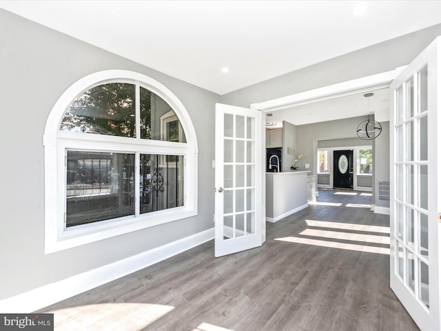 empty room featuring french doors and dark hardwood / wood-style flooring