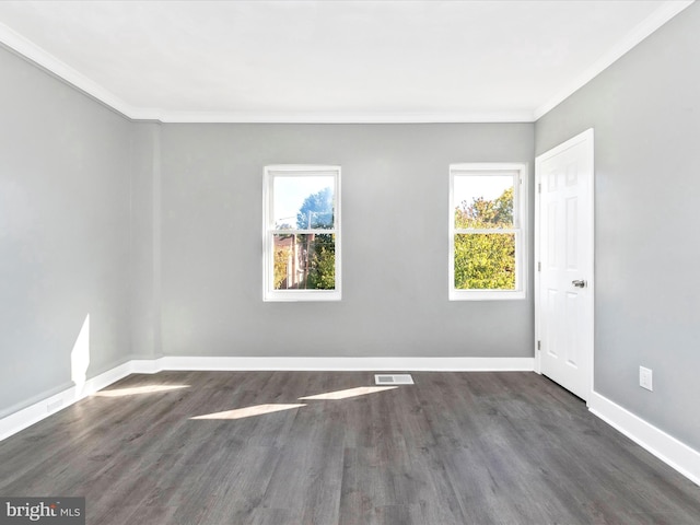 spare room with a wealth of natural light, crown molding, and dark hardwood / wood-style flooring