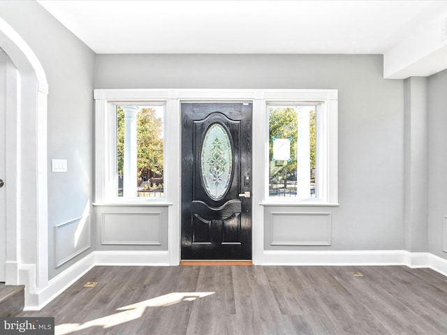 foyer entrance with dark wood-type flooring and a healthy amount of sunlight