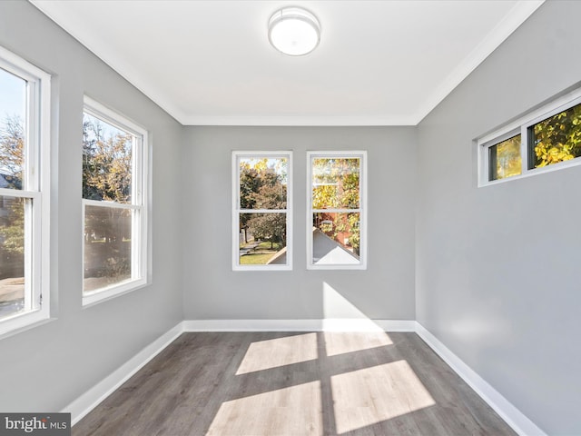 empty room with ornamental molding, a wealth of natural light, and dark hardwood / wood-style flooring