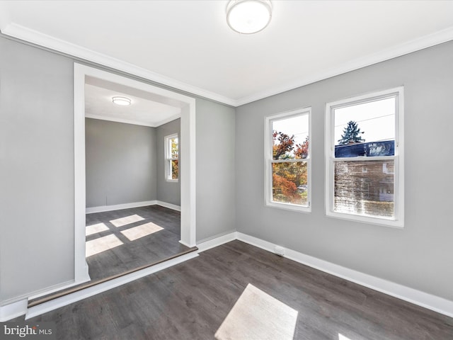 empty room with ornamental molding and dark hardwood / wood-style flooring