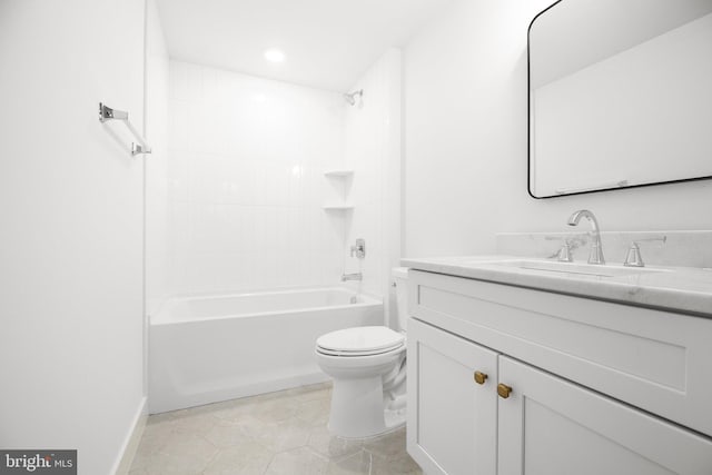 full bathroom featuring vanity, tiled shower / bath, toilet, and tile patterned flooring