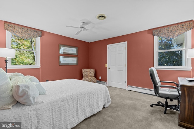 carpeted bedroom featuring ceiling fan and baseboard heating